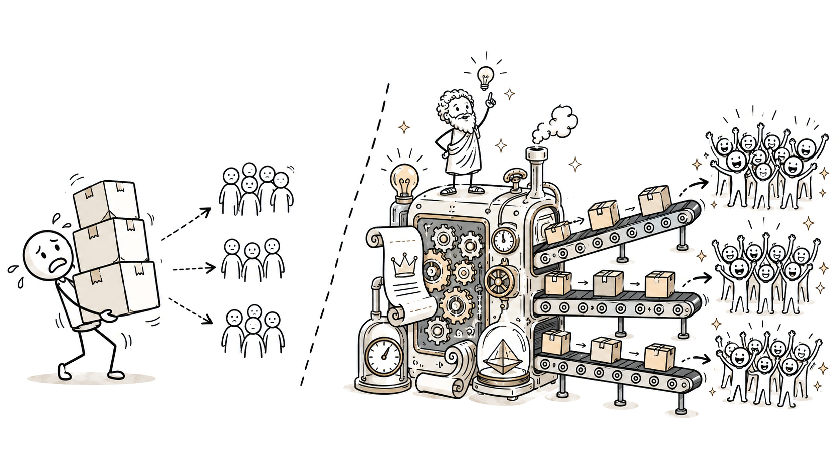 A diagram. On the left, a small person buckles under a stack of boxes while three groups of unimpressed customers wait. On the right, a small inventor stands atop a steam-powered machine that puts boxes on conveyor belts and ships them to three crowds of cheering customers.