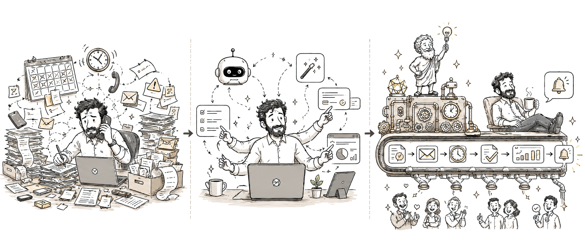 A three-panel cartoon. Left: a frazzled founder at a cluttered desk drowning in calls, papers, and sticky-note tasks. Middle: the same founder calmer, working with a friendly robot and a tidy laptop, surrounded by light arrows of automation. Right: a steam-powered machine, with Archimedes atop holding a lightbulb, conveys icons of work past a relaxed founder sipping coffee while a cheering team looks on.